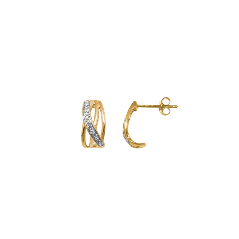 Boucles d'oreilles demi créoles Or Bicolore 375/000 et Diamant 0,05 cts