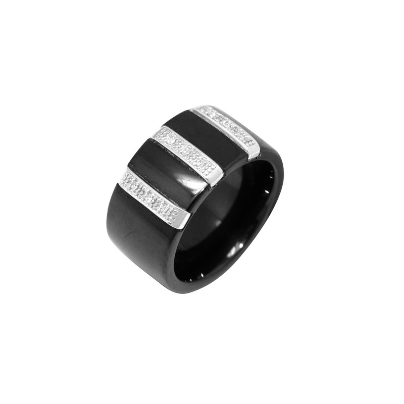 Bague Carador corps large céramique noire,or blanc 375/000, oxydes de zirconium