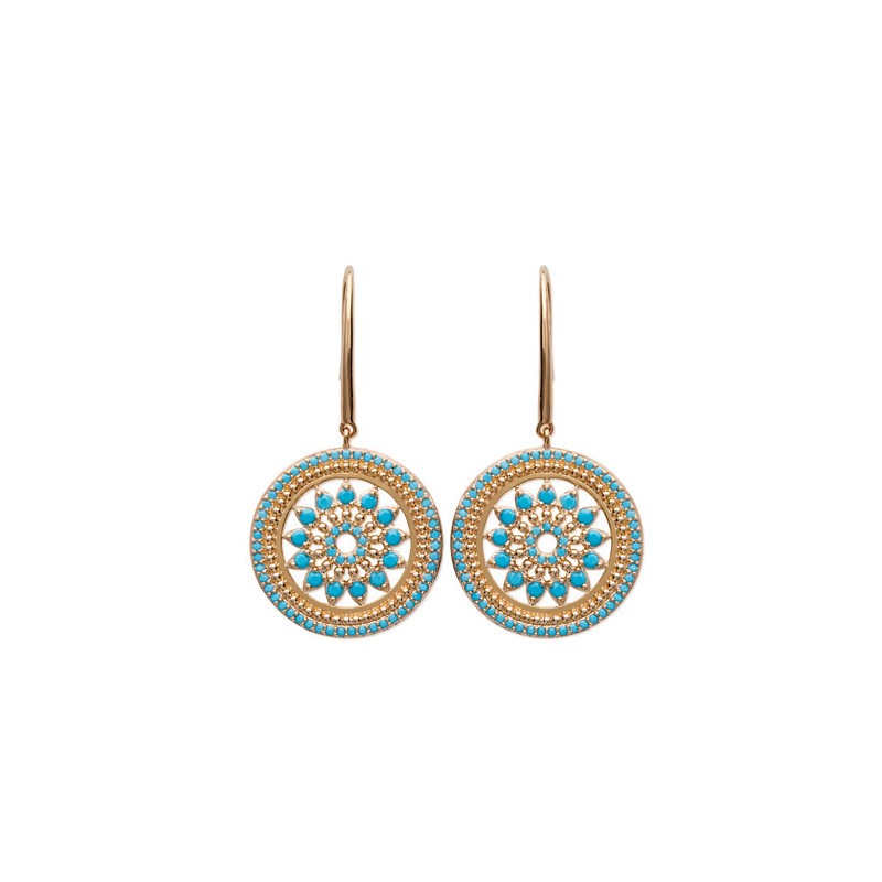 Boucles d'oreilles Carador pendantes soleil aztèque plaqué or et turquoises