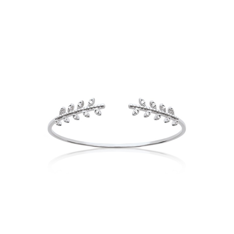 Jonc ouvert Carador motif laurier en argent 925/000 et oxydes de zirconium