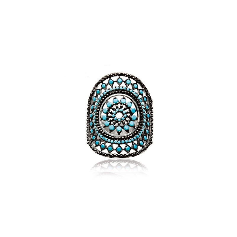 Bague Carador motif soleil aztèque argent 925/000 et turquoise