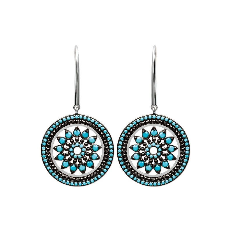 Boucles d'oreilles Carador pendantes soleil aztèque argent 925/000 et turquoises
