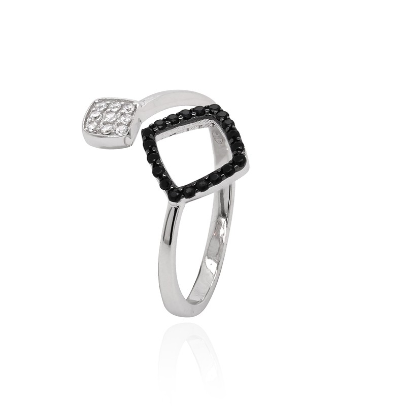 Bague ouverte Carador losange Argent 925/000e Oxydes de zirconium blancs et noirs