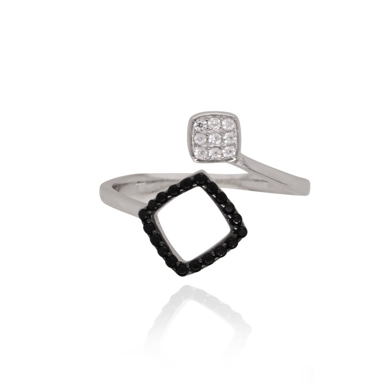 Bague ouverte Carador losange Argent 925/000e Oxydes de zirconium blancs et noirs