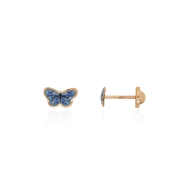 Boucles d'oreilles enfant Carador papillon or jaune 375/000 et laque bleue