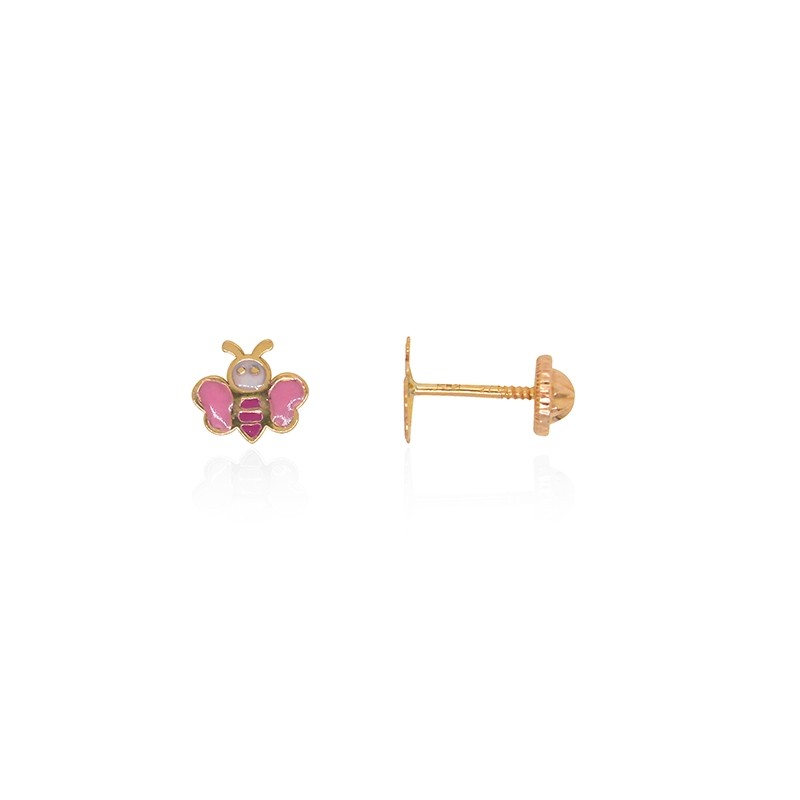 Boucles d'oreilles enfant Carador papillon or jaune 375/000 et laque rose et rouge