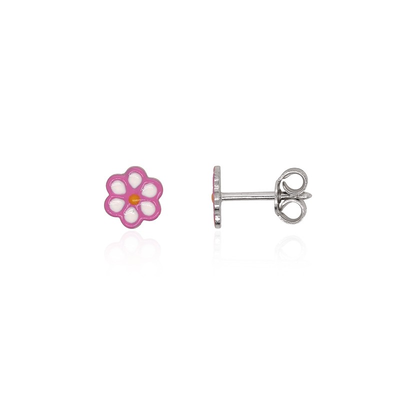 Boucles d'oreilles enfant Carador fleur argent 925/000 et laque rose et blanche