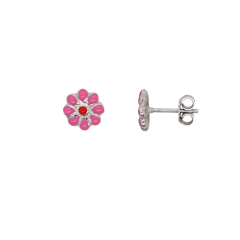 Boucles d'oreilles enfant Carador marguerite argent 925/000 et laque rose