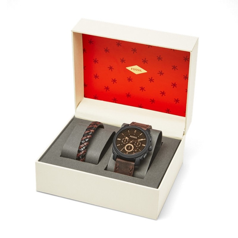 Coffret montre Fossil en cuir brun foncé et bracelet