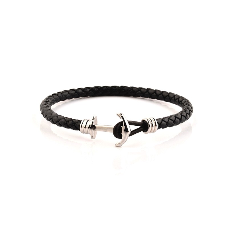Bracelet Homme Carador MATELOT cuir tressé noir fermeture ancre 
