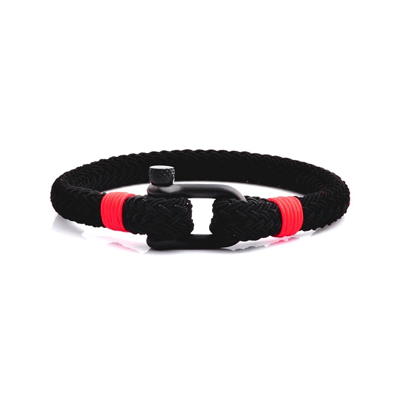 Bracelet Homme Carador MATELOT tissu noir et rouge, fermoir manille