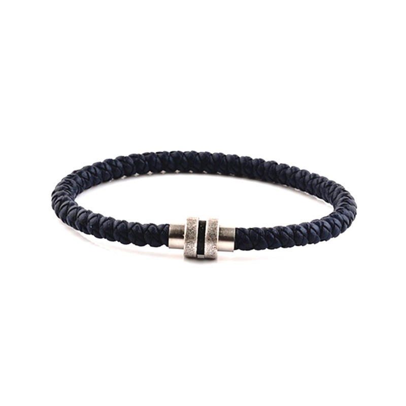 Bracelet Homme Carador cuir tressé bleu marine, fermoir magnétique