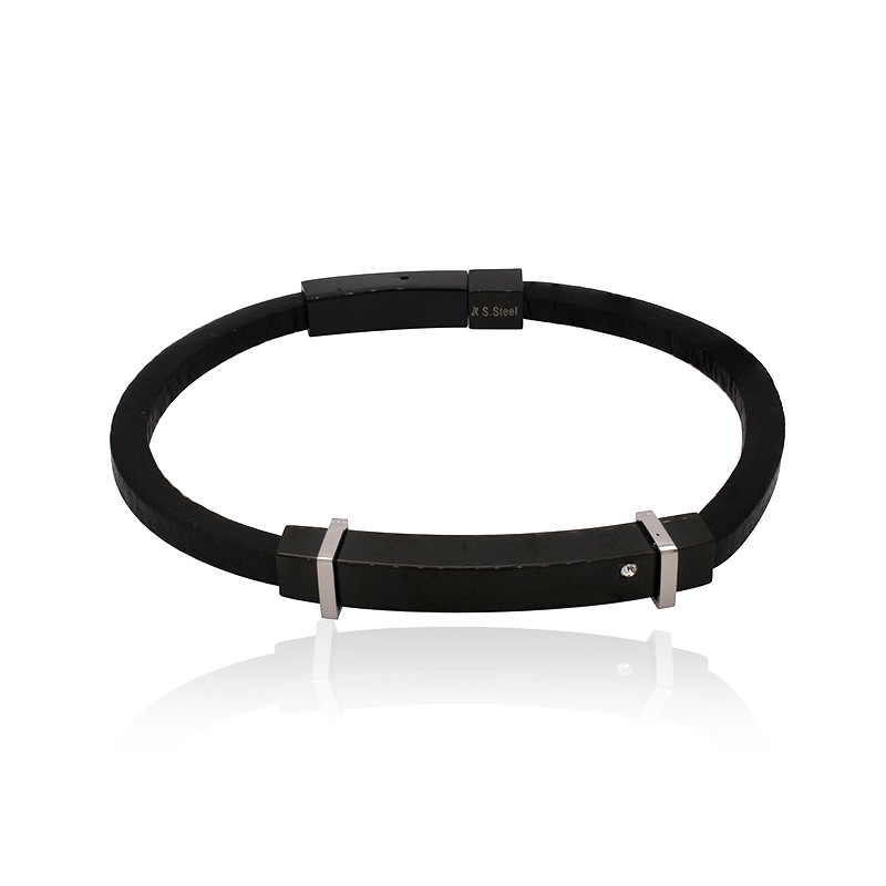 Bracelet Homme Carador cuir noir et plaque acier noir et argenté