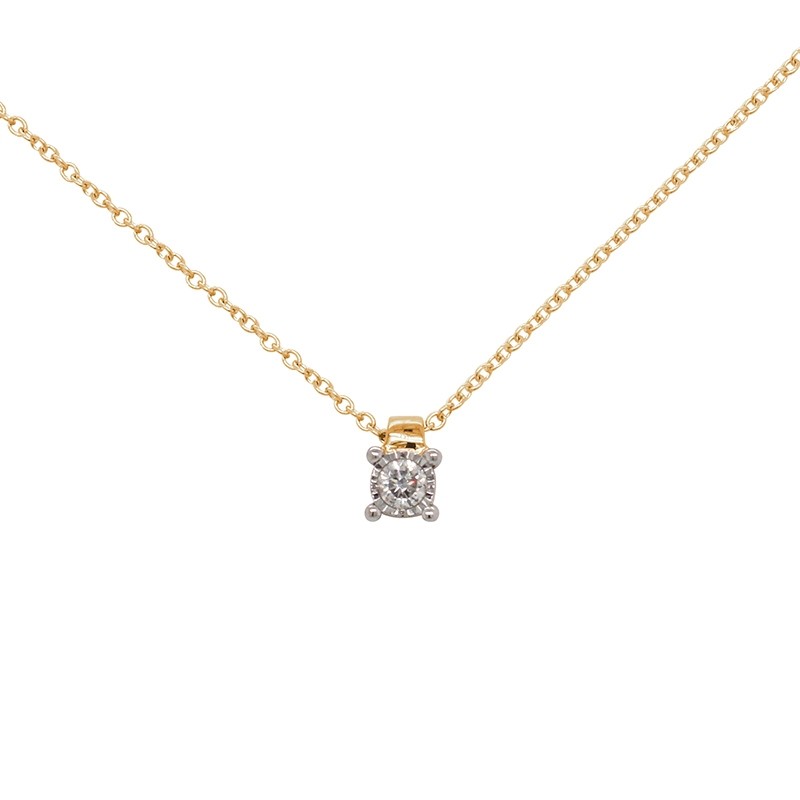 Collier solitaire Or jaune 750/000 et diamant 0,07 cts serti quatre griffes en pendentif 