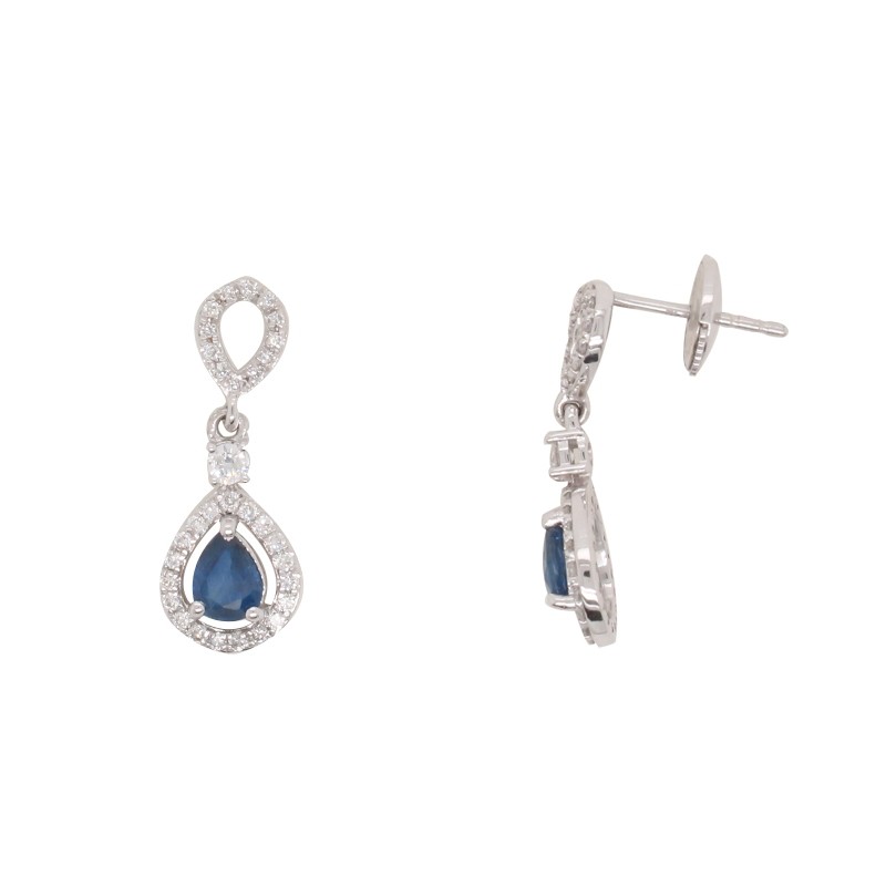 Boucles d'oreilles pendantes goutte CARADOR or blanc 750/000  saphir et diamants