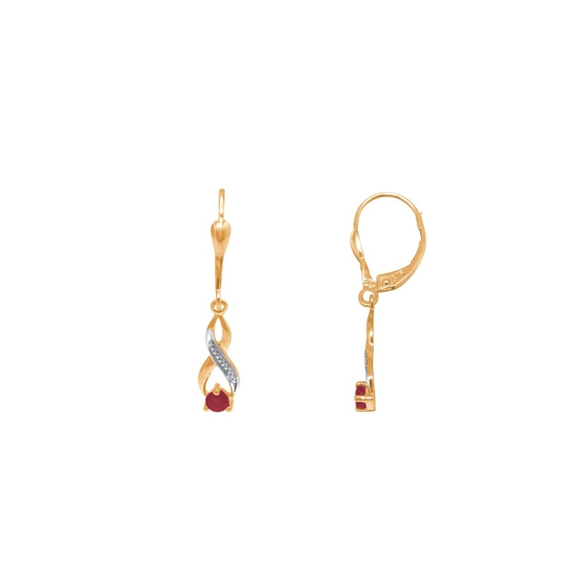 Boucles d'oreilles dormeuses Carador deux ors 375/000 et rubis 0,34 cts