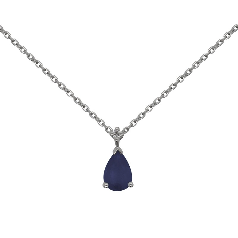 Collier Joaillerie Carador forme goutte en or blanc 750/000, saphir et diamant