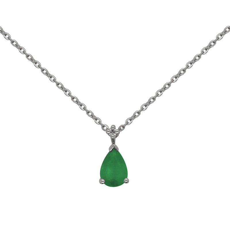 Collier Joaillerie Carador forme goutte en or blanc 750/000, émeraude et diamant