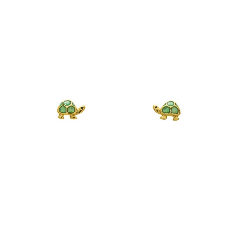 Boucles d'oreilles en or jaune 750/000 forme tortue et laque verte