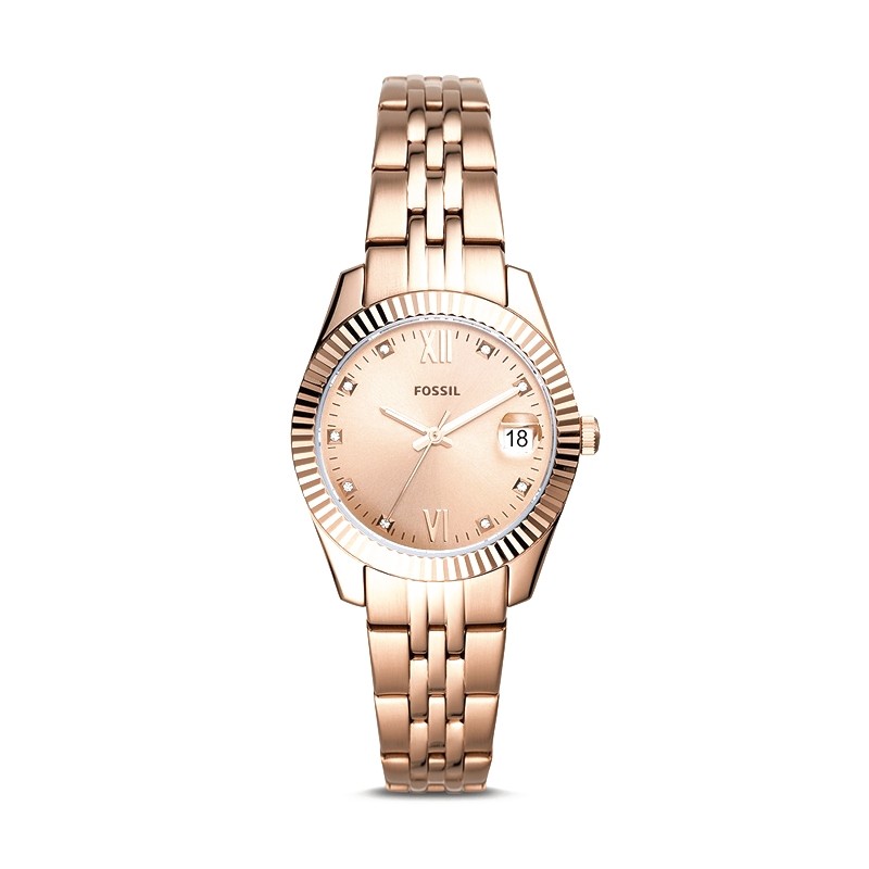 Montre Fossil ES4898 Scarlette Mini à trois aiguilles avec date en acier inoxydable doré rose