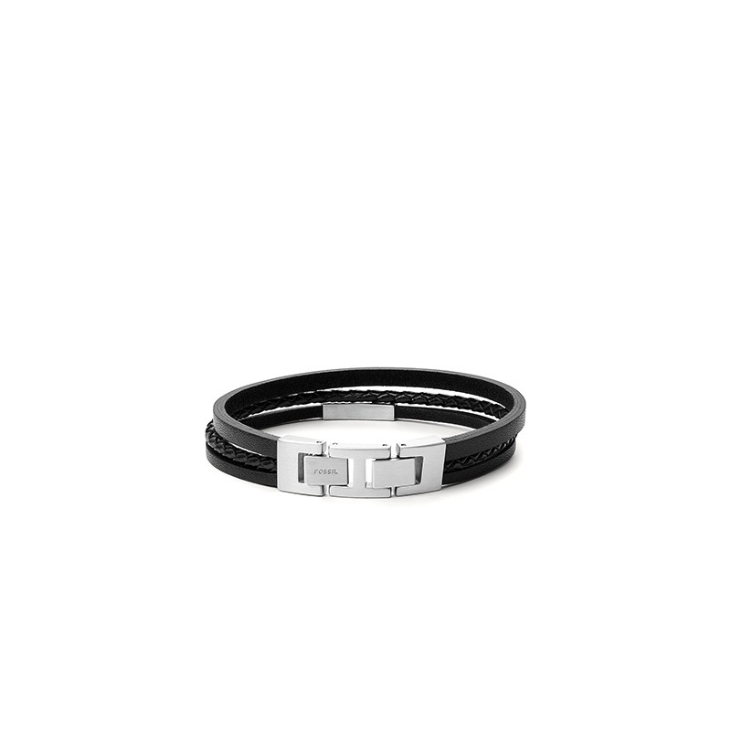 Bracelet Fossil JF03322040 à plusieures lanières en cuir noir et acier argenté