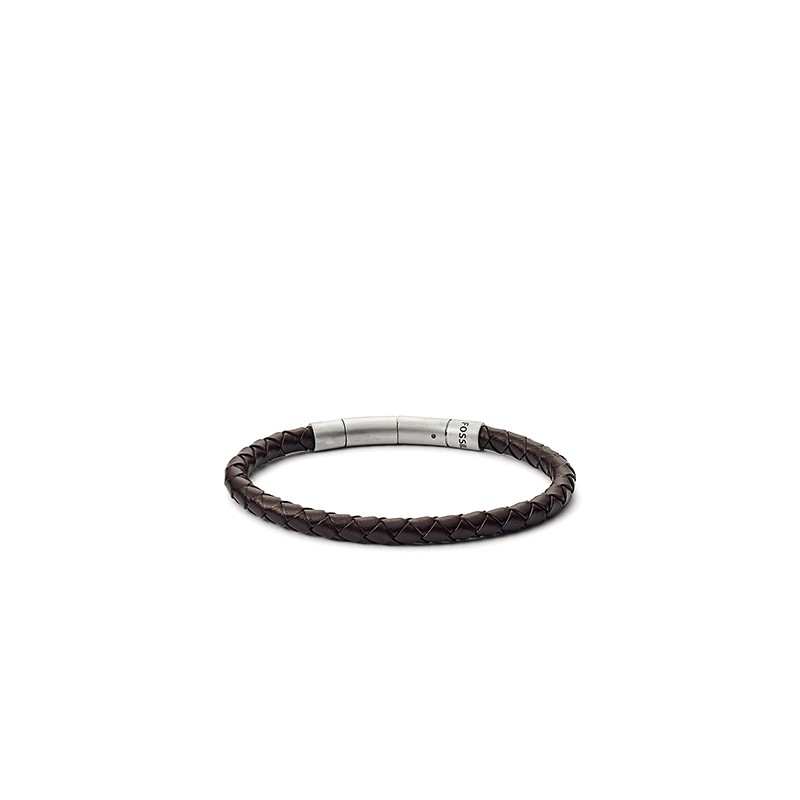 Bracelet Fossil JF03187040 en cuir marron tressé et acier argenté