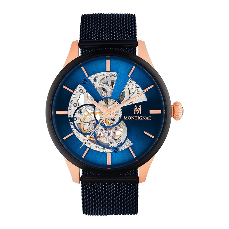 Montre Montignac Automatique acier milanais noir cadran bleu marrine MOPE19A14