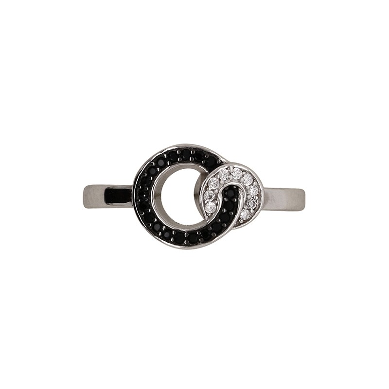 Bague motif rond double enrelacé serti d'oxydes de zirconium noir et blanc JR5925