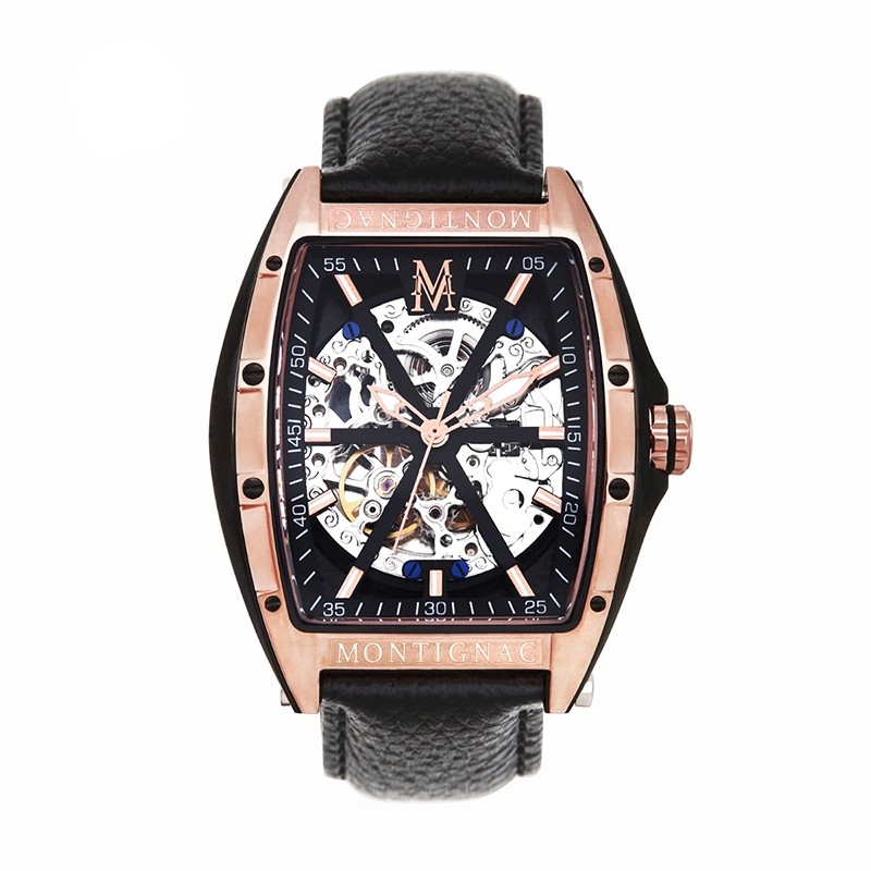 MONTRE MONTIGNAC AUTOMATIQUE BRACELET EN CUIR NOIR 