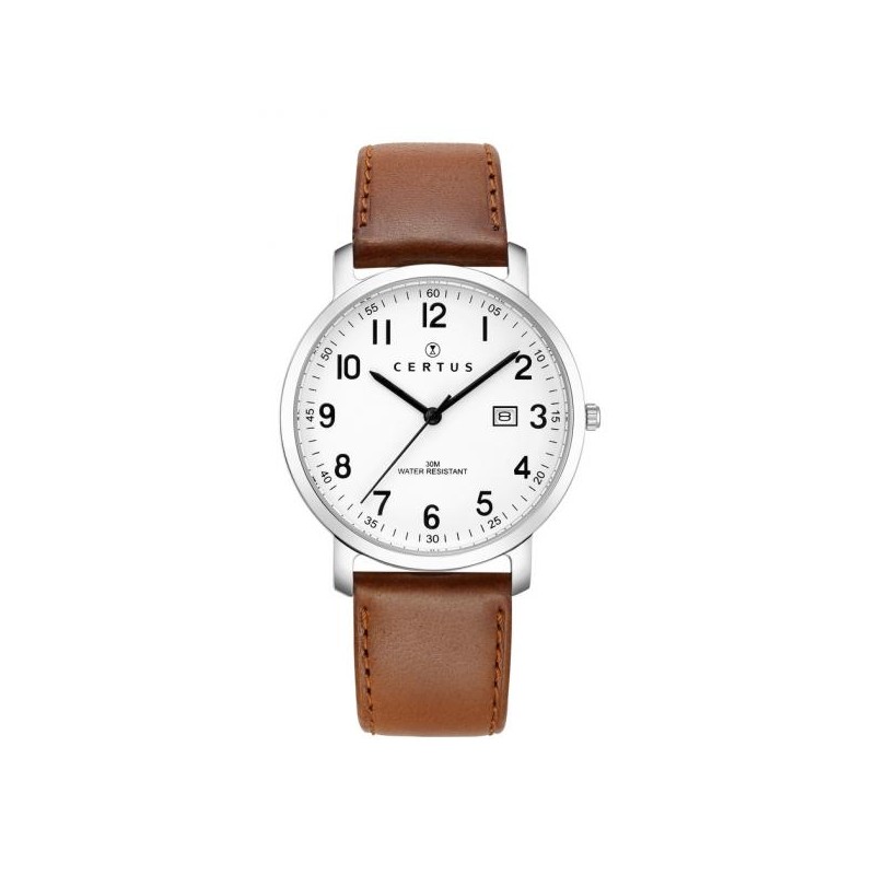 montre homme Certus acier argenté bracelet cuir marron