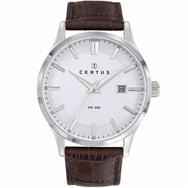 montre homme Certus acier noir bracelet cuir marron foncé