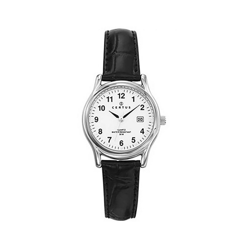 montre femme Certus acier argenté bracelet cuir noir 