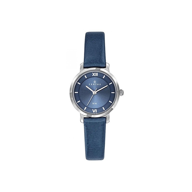 montre femme Certus acier argenté bracelet cuir bleu