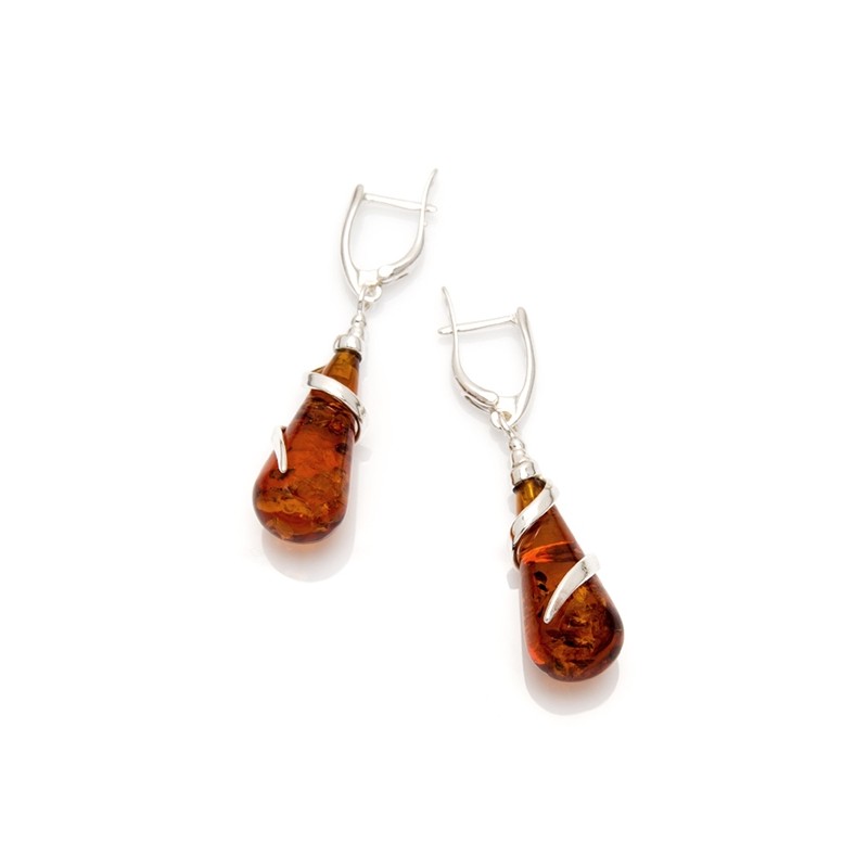 boucles d'oreilles pendantes en ambre couleur cognac et argent 925/000