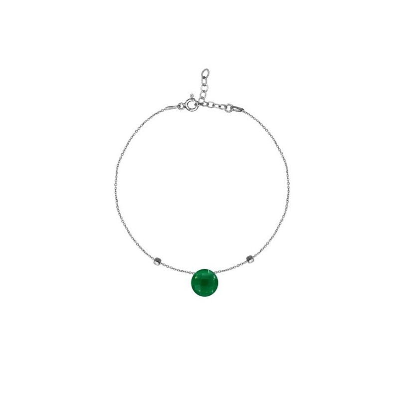 Bracelet argent 925/000 rhodié avec motif forme coussin en calcédoine verte