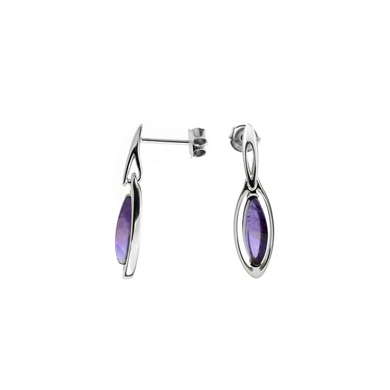 Boucles d'oreilles en argent 925/000 rhodié et améthyste forme amande