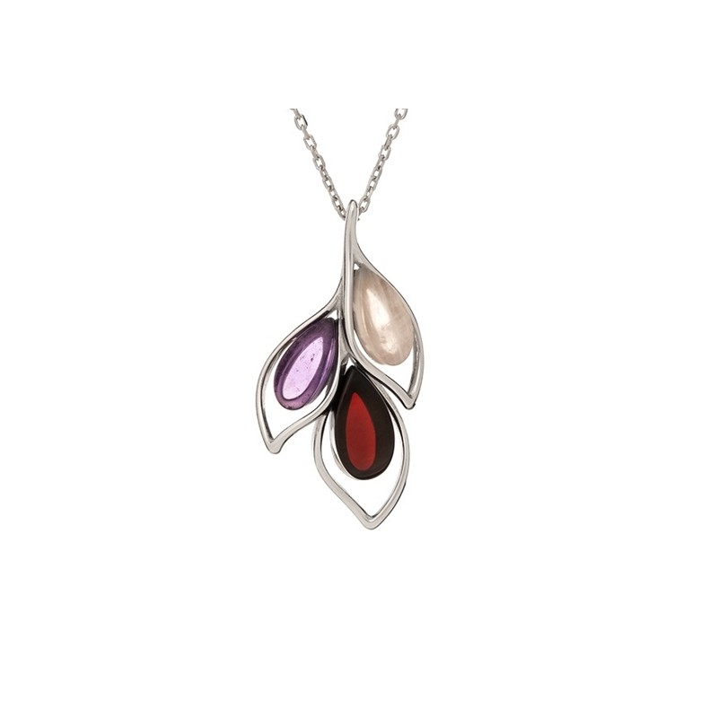 Pendentif en argent 925/000 rhodié et trio végétal améthyste/ambre/quartz rose