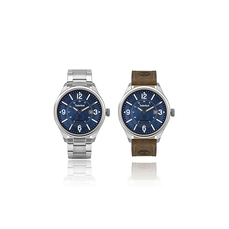 Coffret Montre Homme Timberland Blake et ses deux bracelet cuir marron foncé et arcier argenté.