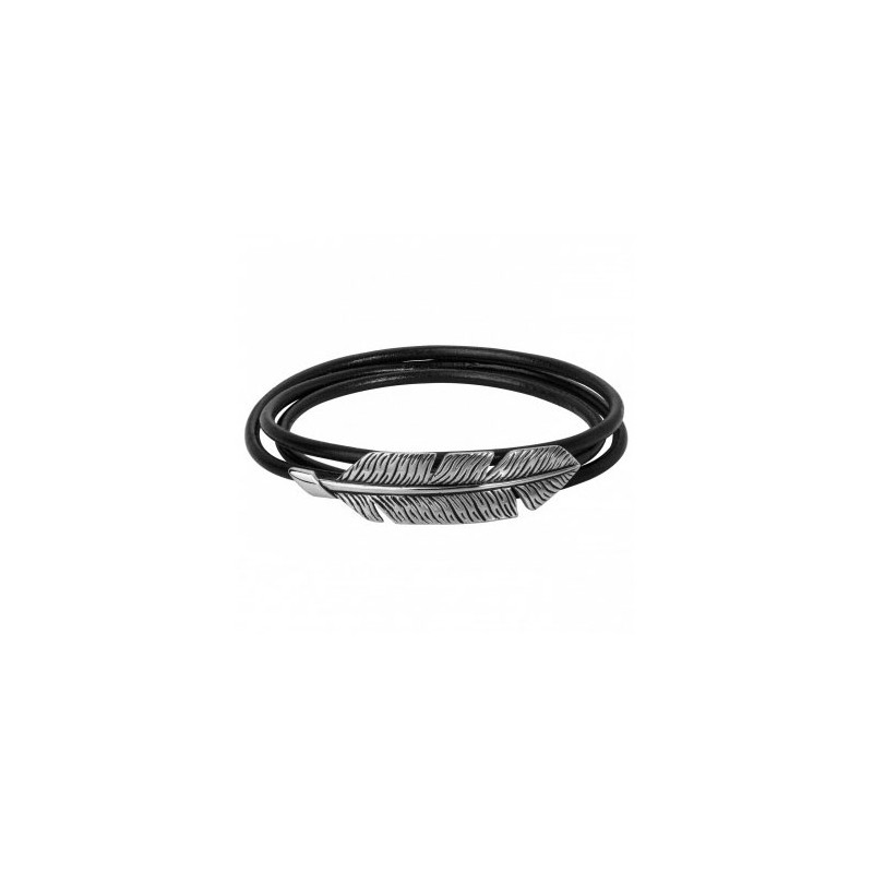 Bracelet Homme Phebus cuir noir et acier forme plume