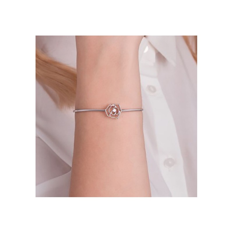 Bracelet demi-jonc rose perlée argent 925/000 rhodié et diamant de la marque La Garçonne