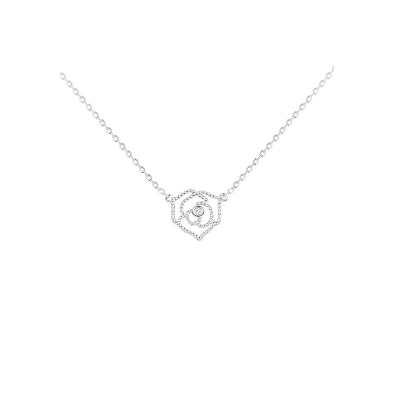 Collier argent "rose perlée" 925/000 rhodié et diamant La Garçonne
