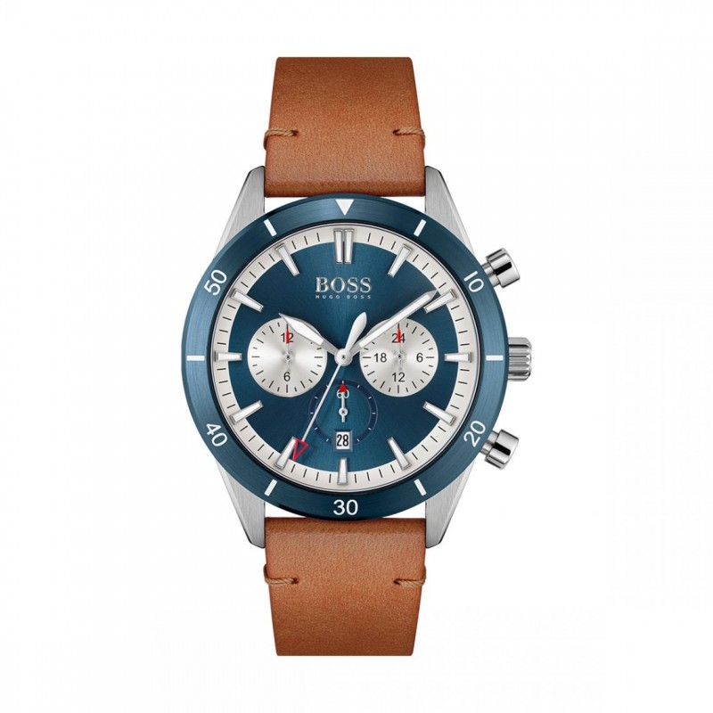 Montre homme boss bracelet cuir marron et cadran bleu