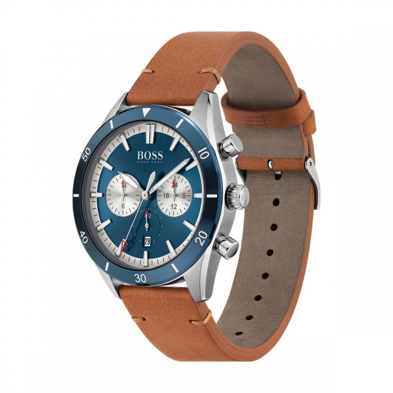 Montre homme boss bracelet cuir marron et cadran bleu