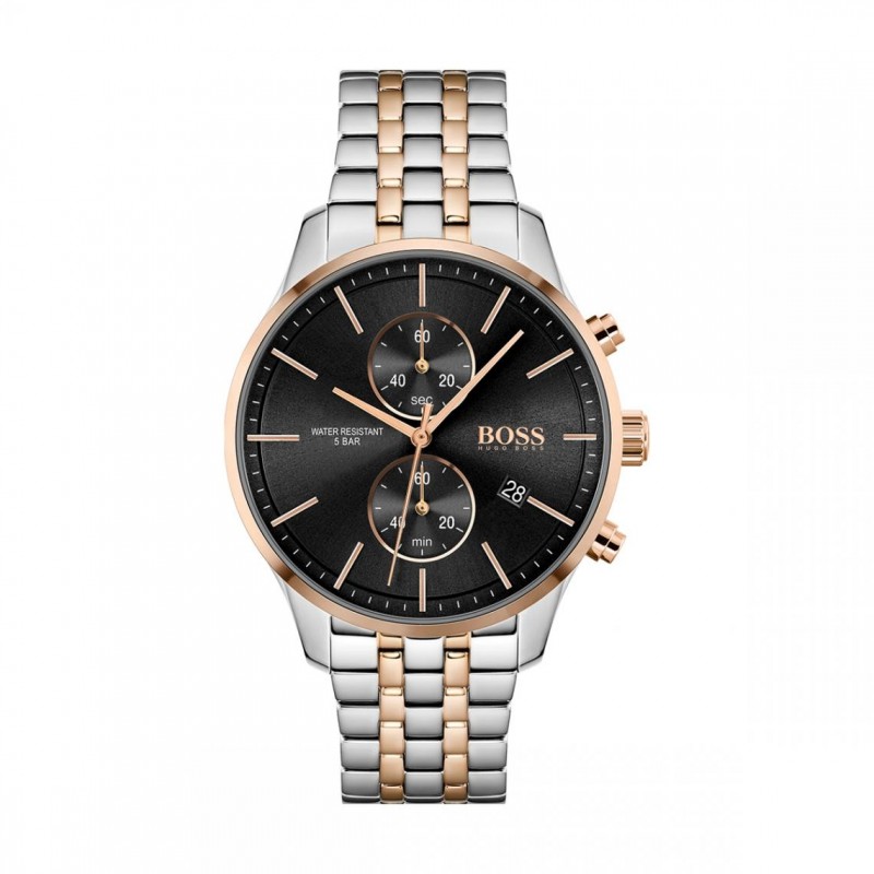 Montre homme boss acier bicolore argenté et doré cadran noir