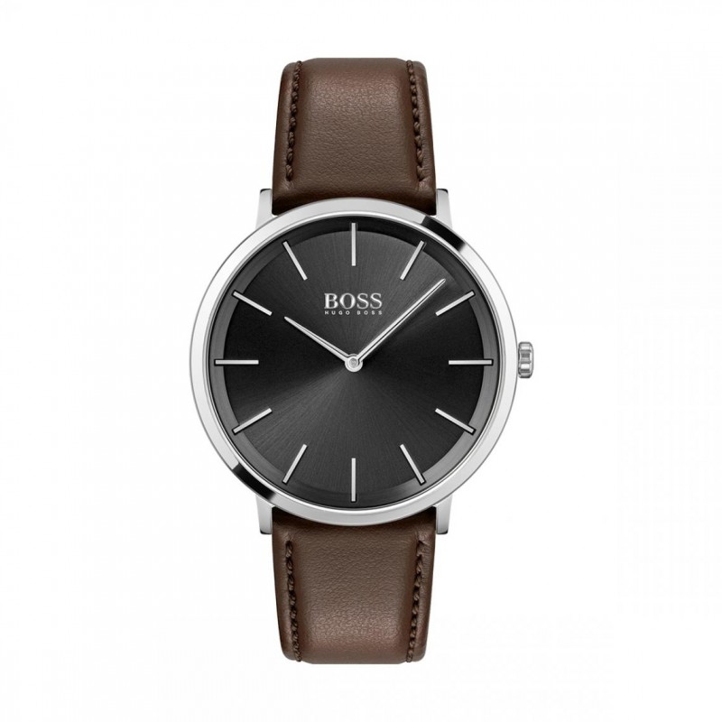 Montre homme boss bracelet cuir marron et cadran noir