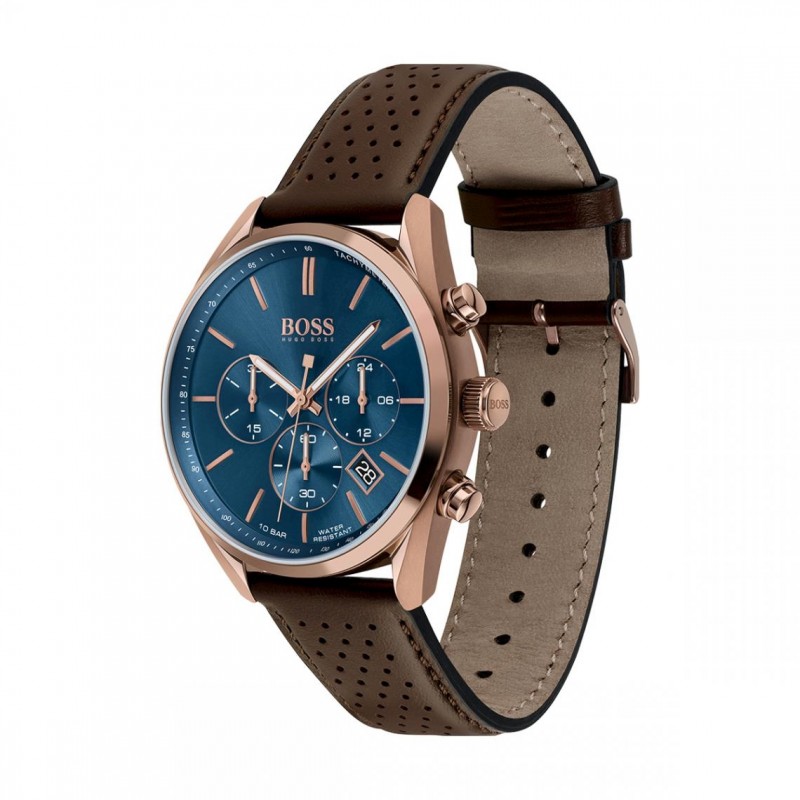 Montre homme boss bracelet cuir marron foncé et cadran bleu