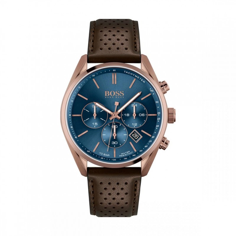 Montre homme boss bracelet cuir marron foncé et cadran bleu