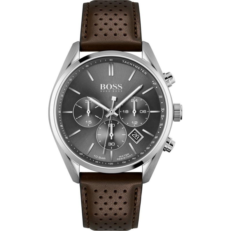 Montre homme boss bracelet cuir marron foncé et cadran noir