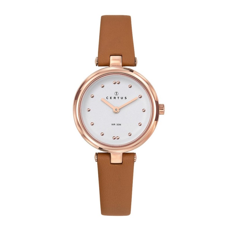 montre femme Certus acier doré rose bracelet cuir marron 
