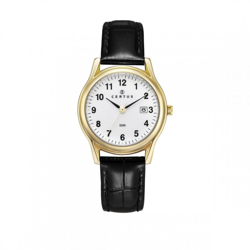 montre femme Certus acier doré bracelet cuir noir